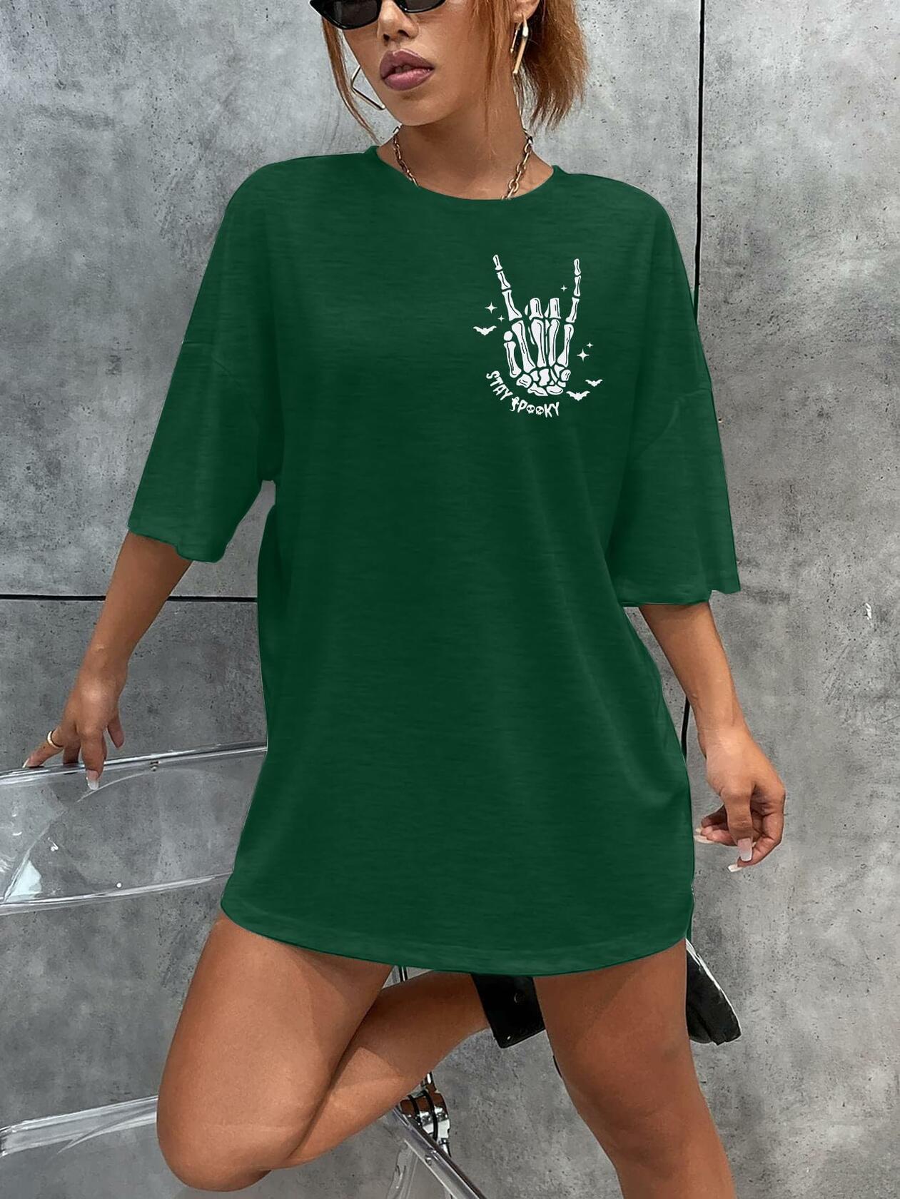 Halloween Oversize T-Shirt Women Cute Spooky Graphic Ghost Tee Green Size S
