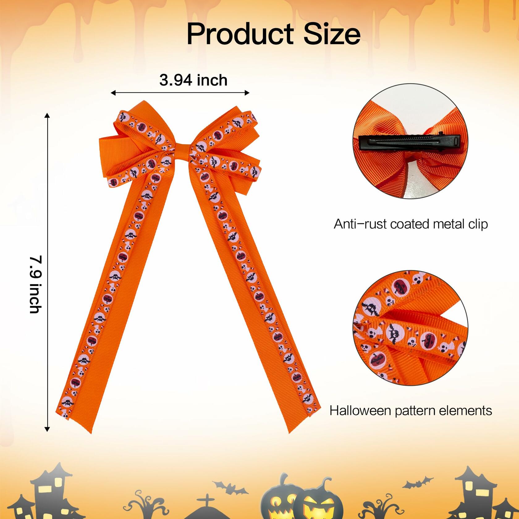 Halloween Hair Bows Orange Holiday Print Ribbon Clip for Girls Women