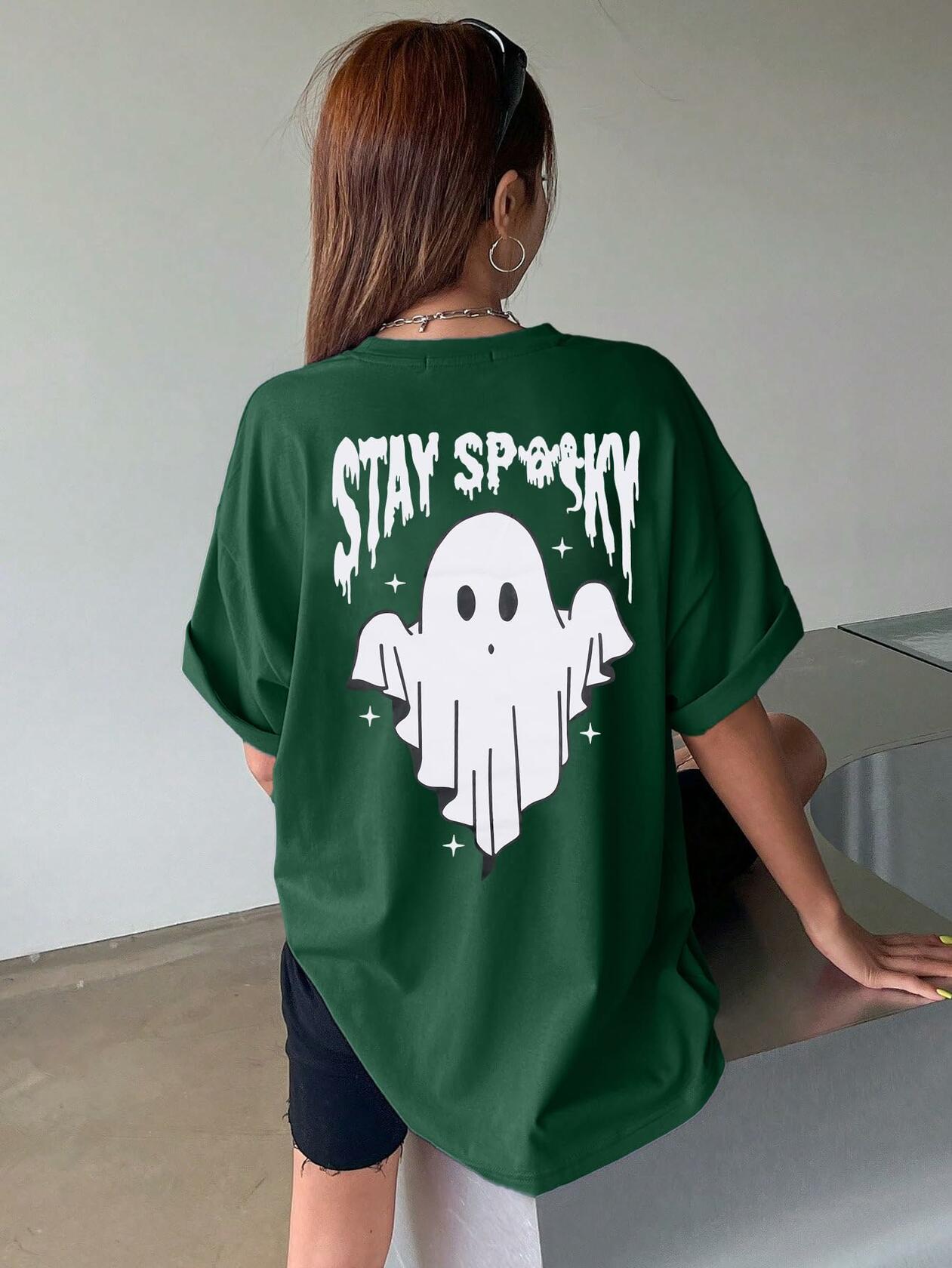Halloween Oversize T-Shirt Women Cute Spooky Graphic Ghost Tee Green Size S