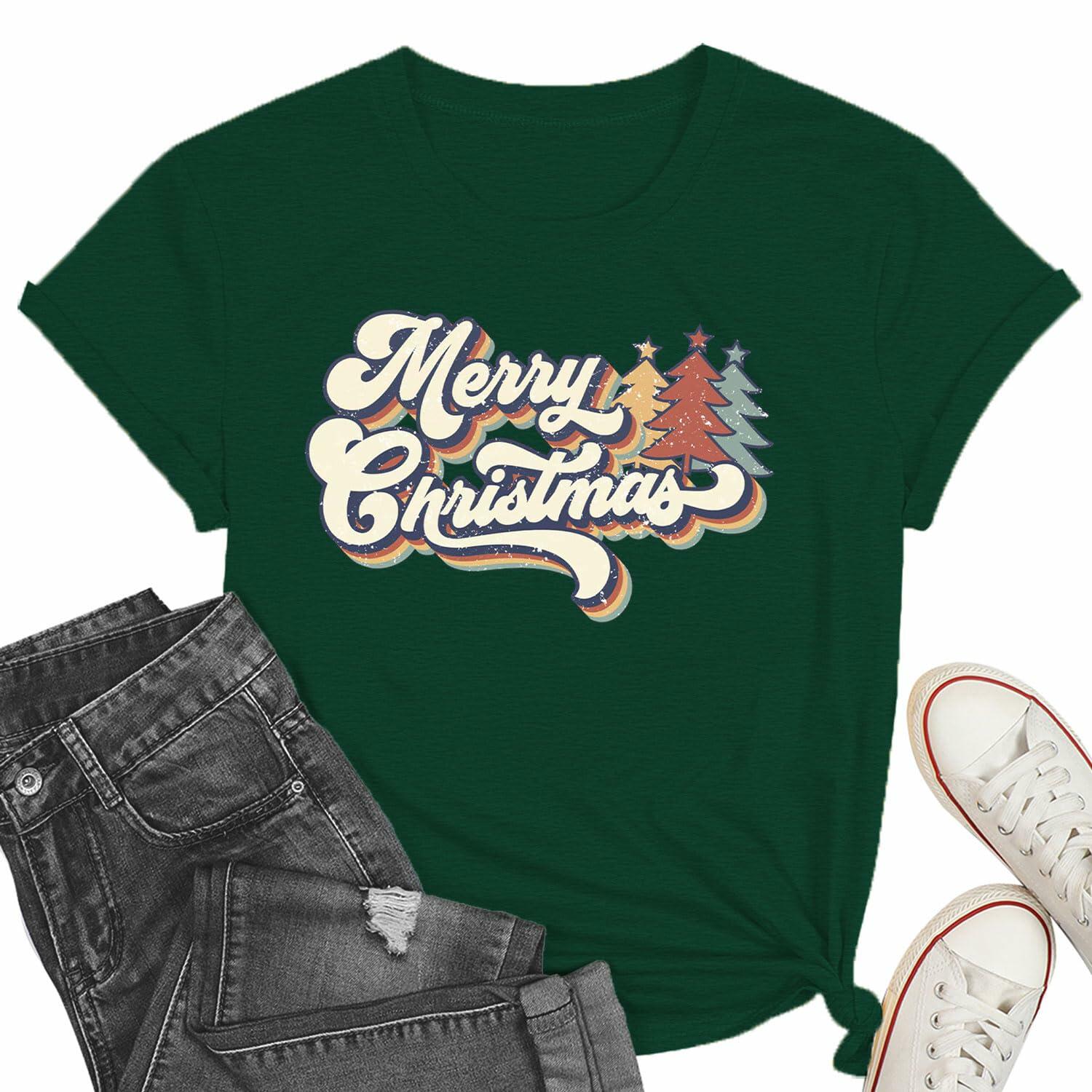 Vintage Merry Christmas Shirt Women Holiday Xmas Tee Tops Green Size S