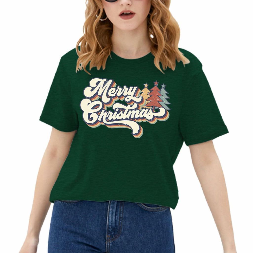 Vintage Merry Christmas Shirt Women Holiday Xmas Tee Tops Green Size S