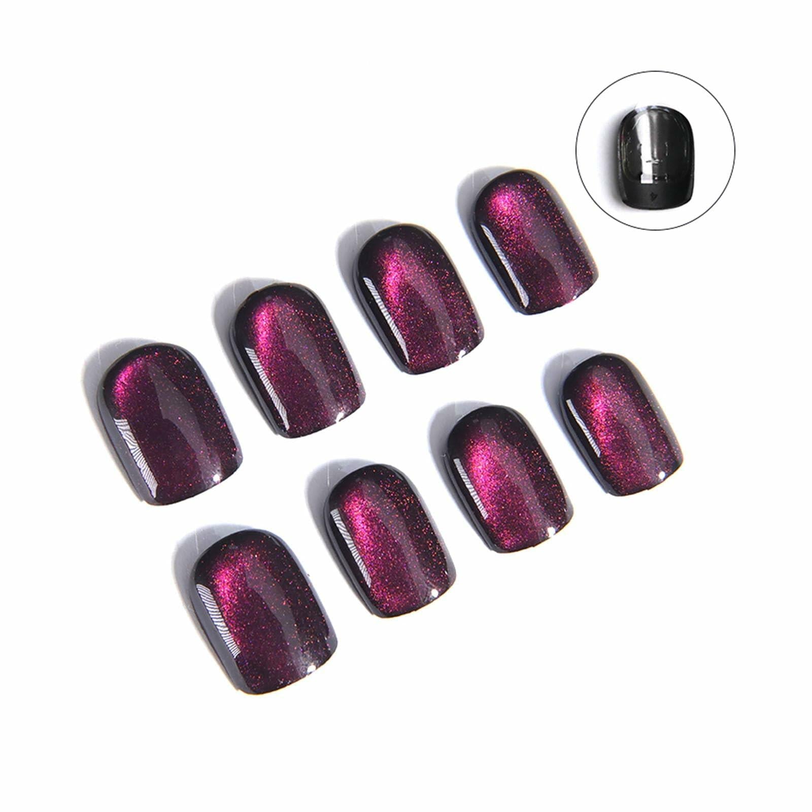 Purple Press On Nails Short Square Acrylic Cat Eye Color Changing 24 Pcs