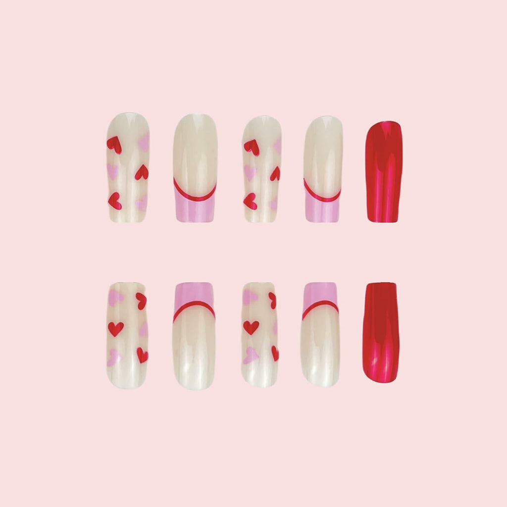 RIICFDD Heart Press On Nails Medium Square Glossy French Tip 72Pcs