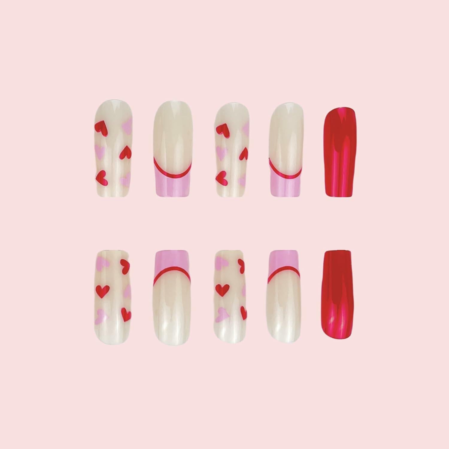 RIICFDD Heart Press On Nails Medium Square Glossy French Tip 72Pcs
