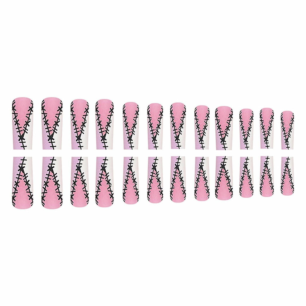 RIICFDD Halloween Fake Nails 24 Pcs Coffin Pink French Tip Ghost Designs