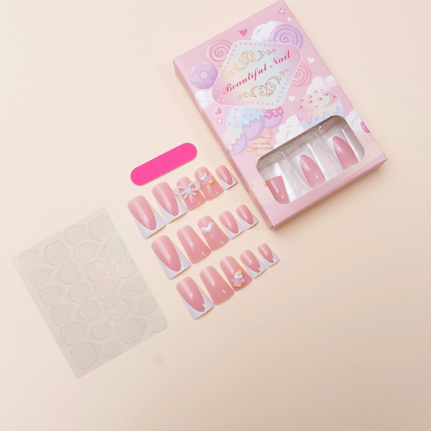 RIICFDD French Press On Nails 24 Pcs Medium Nude Pink White Tips Charms