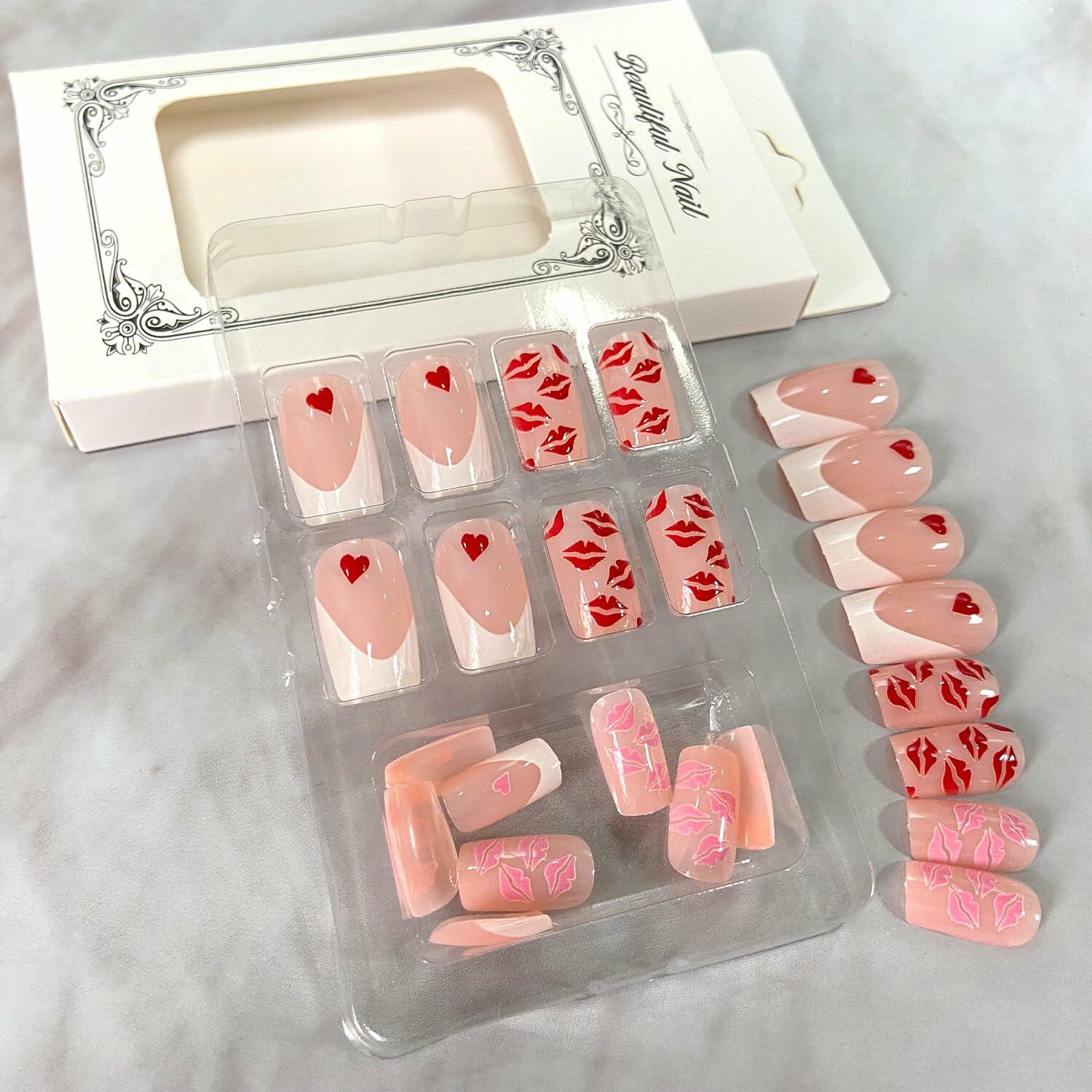 Valentine's Day Press On Nails Medium Square Red Lips Pink Heart French Tip