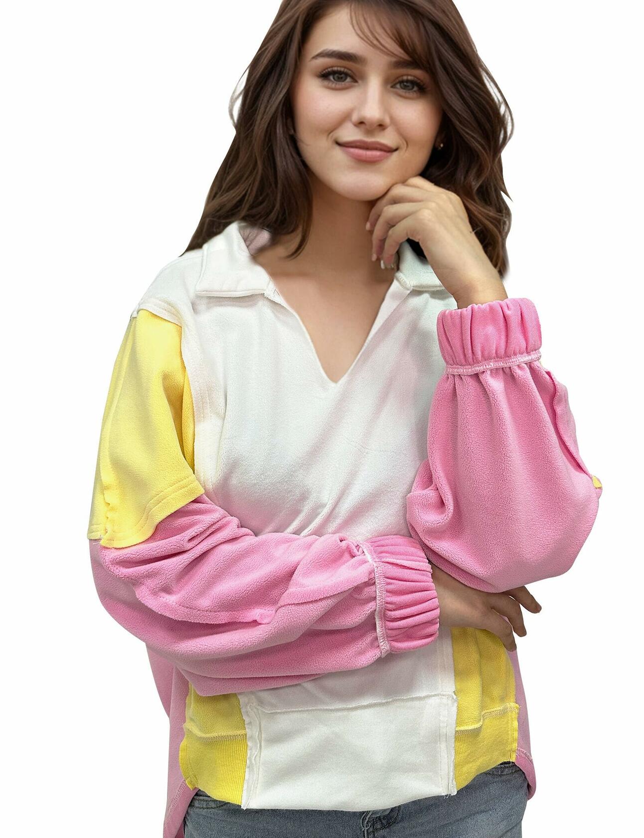 Buxitt Colorblock Oversized V-Neck Dolman Sleeve Sweatshirt Patchwork Size L