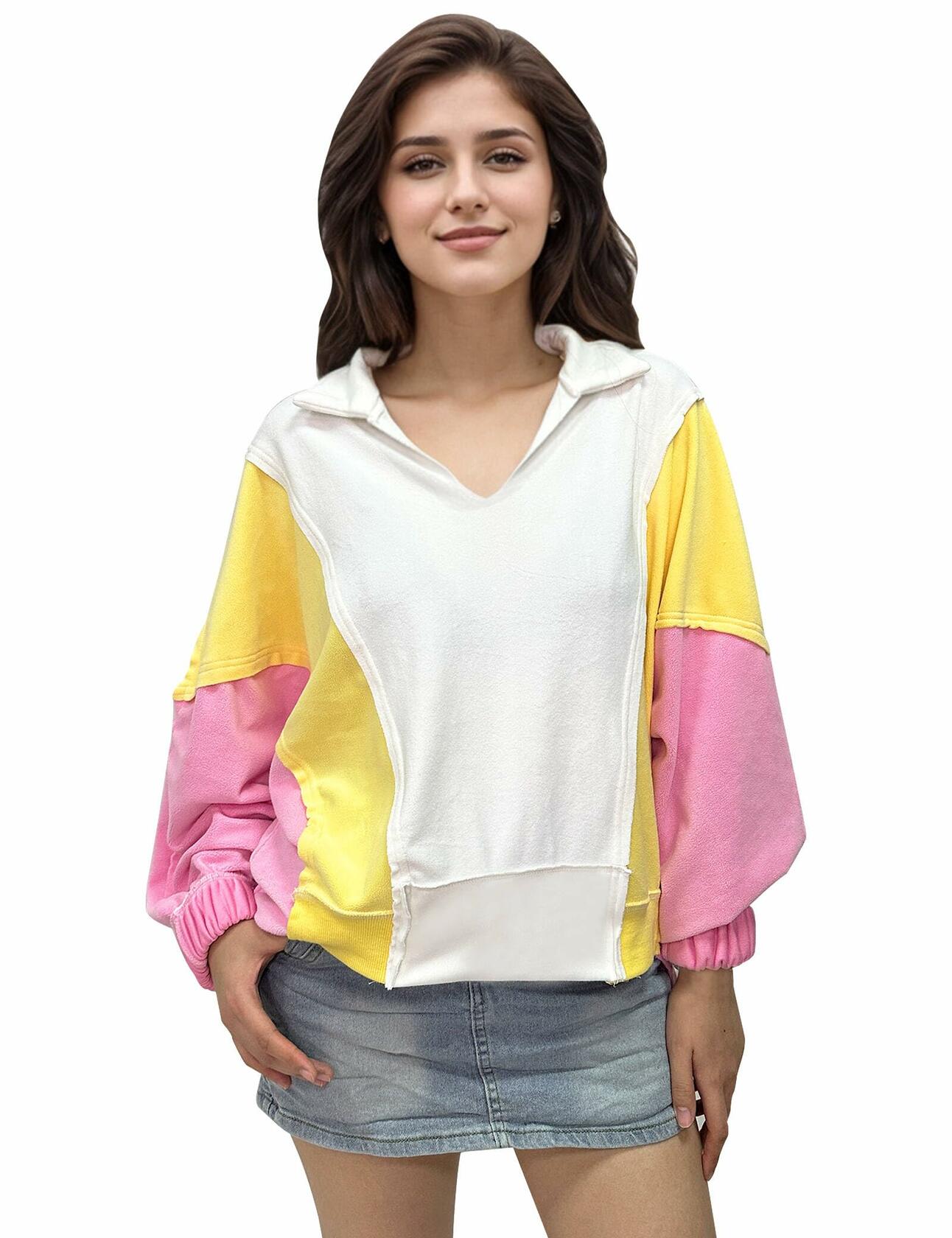 Buxitt Colorblock Oversized V-Neck Dolman Sleeve Sweatshirt Patchwork Size L