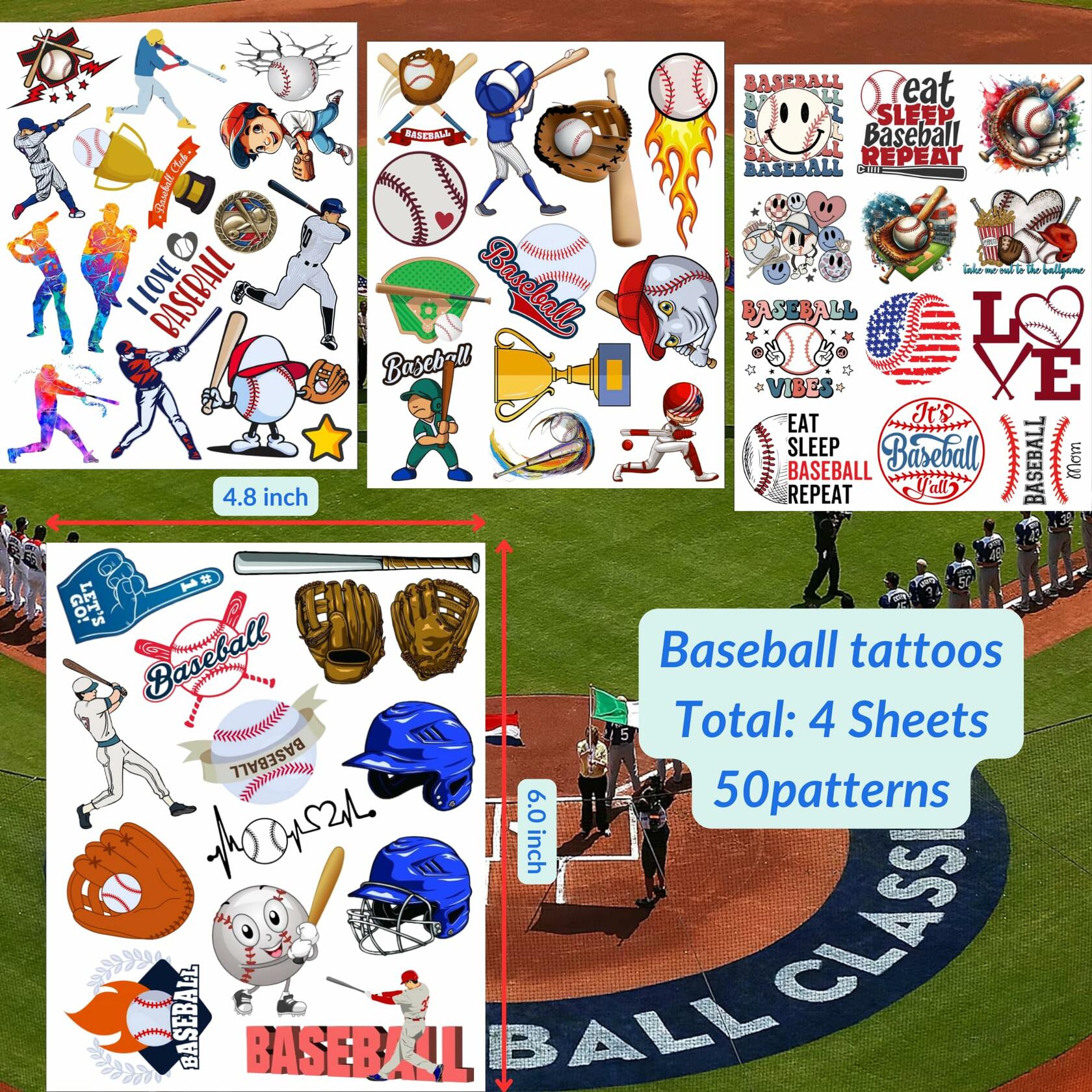 Baseball Temporary Tattoos 72 Pcs 6 Sheets Sport Party Favors Gift Idea
