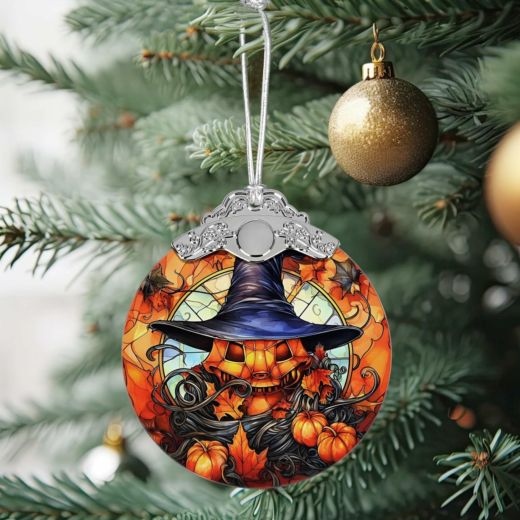 Terrifying Pumpkin Stained Glass Christmas Ornament Holiday Decoration