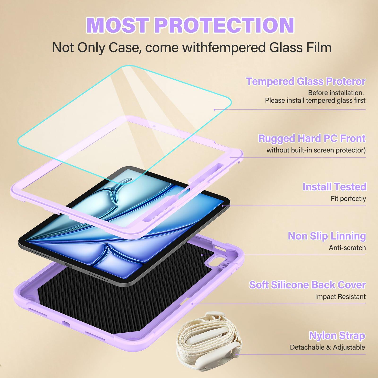 TOMORRY iPad Air 11 Inch Case M3 2025 M2 2024 Purple Tempered Glass