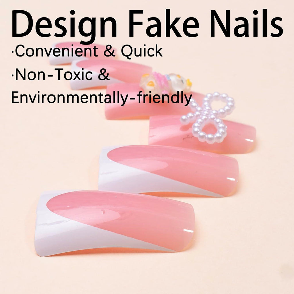 RIICFDD Press On Nails Medium Pink Duck Bow Butterfly 24 Pcs