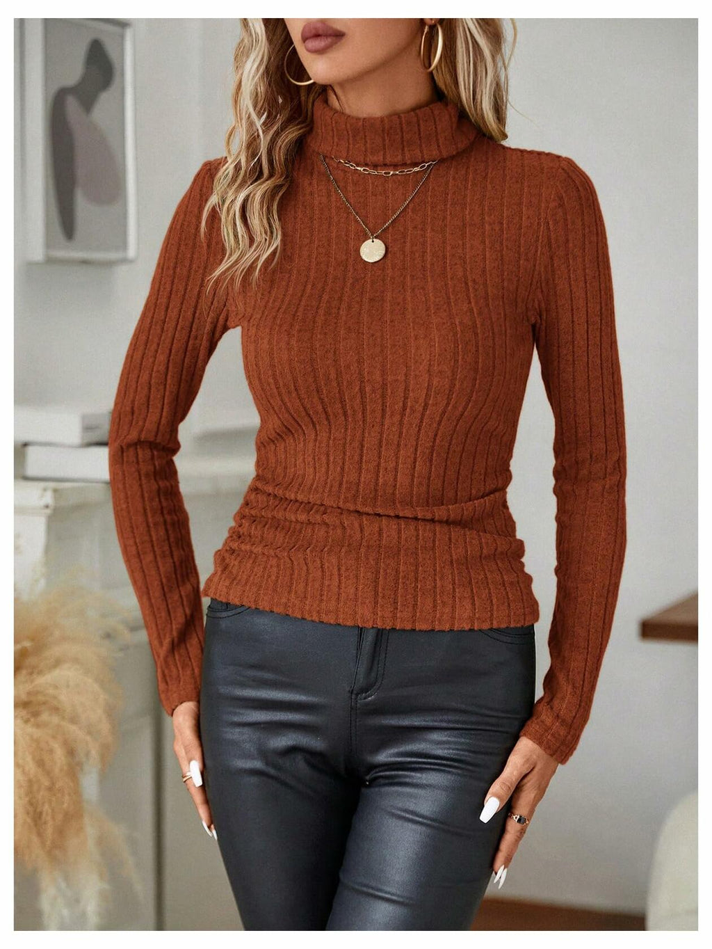 RoseSeek Women's Ribbed Knit Long Sleeve Tee Rust Brown Size Small