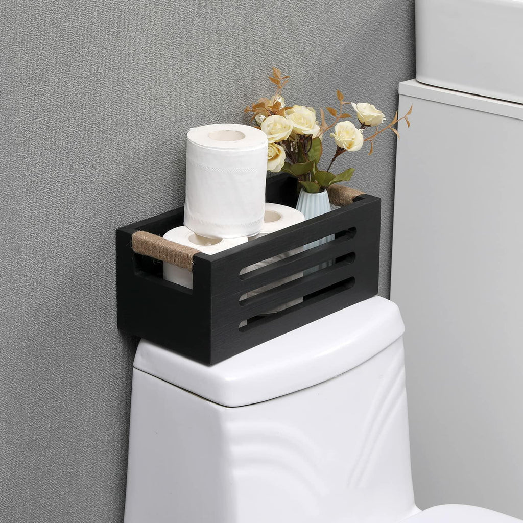 Wood Toilet Paper Holder Basket with Handles Black 12x5.9x4.9in Black