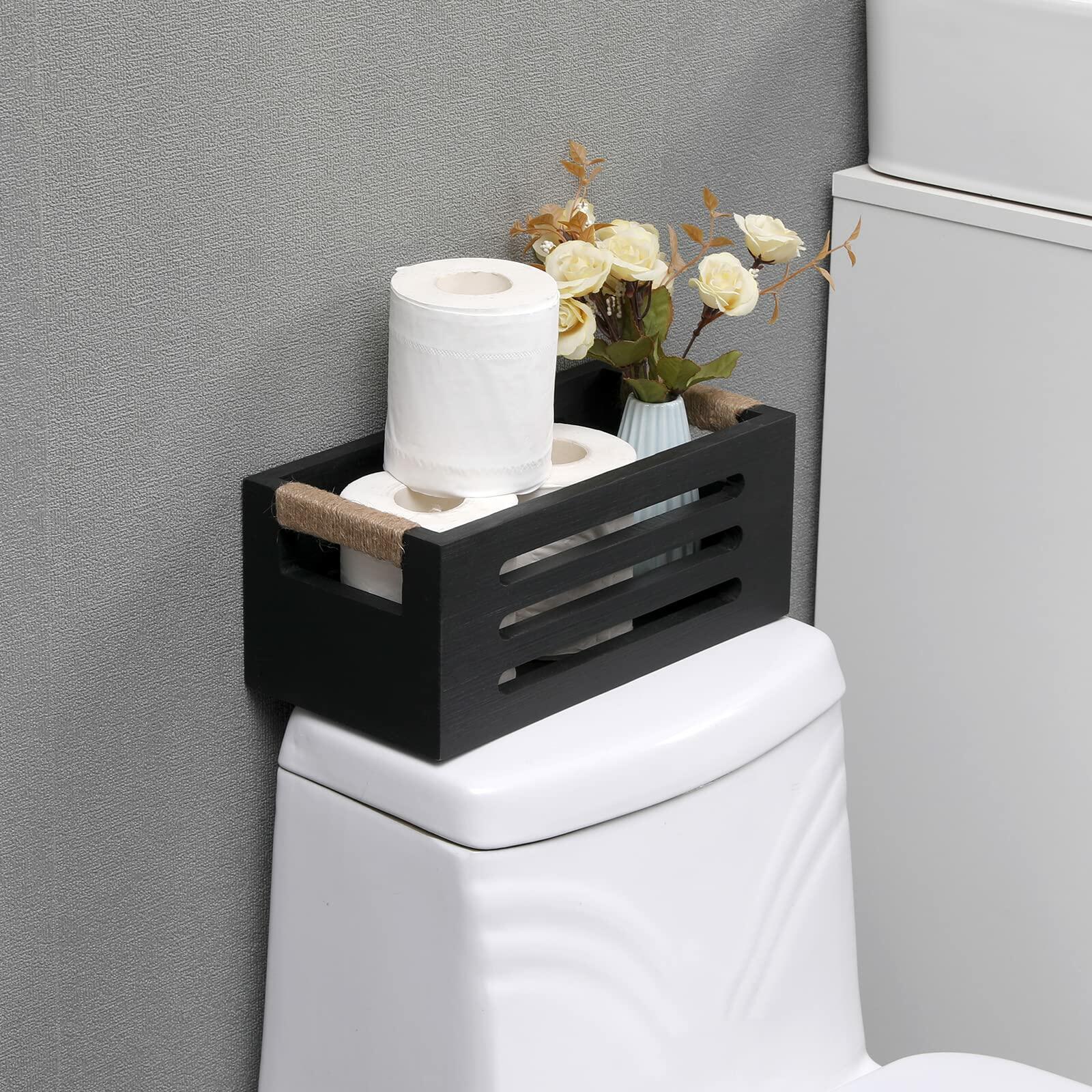 Wood Toilet Paper Holder Basket with Handles Black 12x5.9x4.9in Black