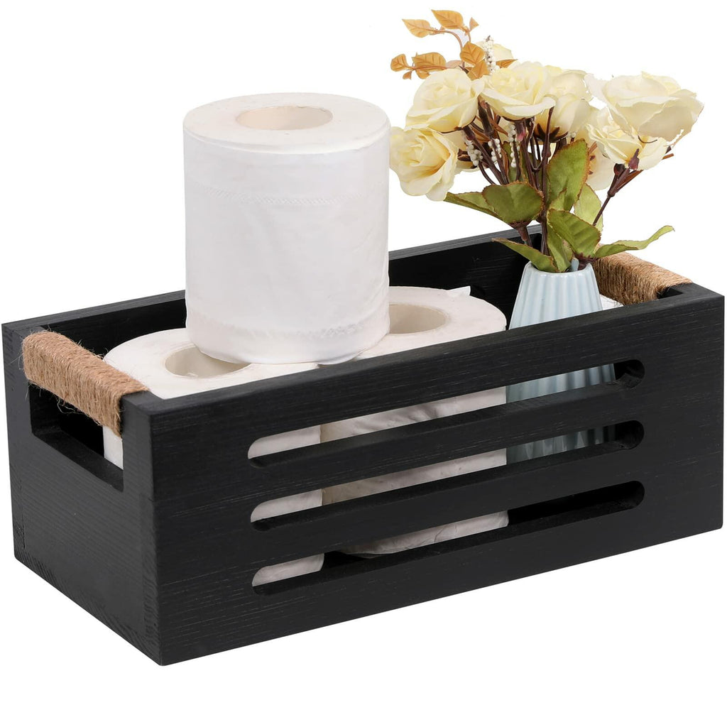 Wood Toilet Paper Holder Basket with Handles Black 12x5.9x4.9in Black