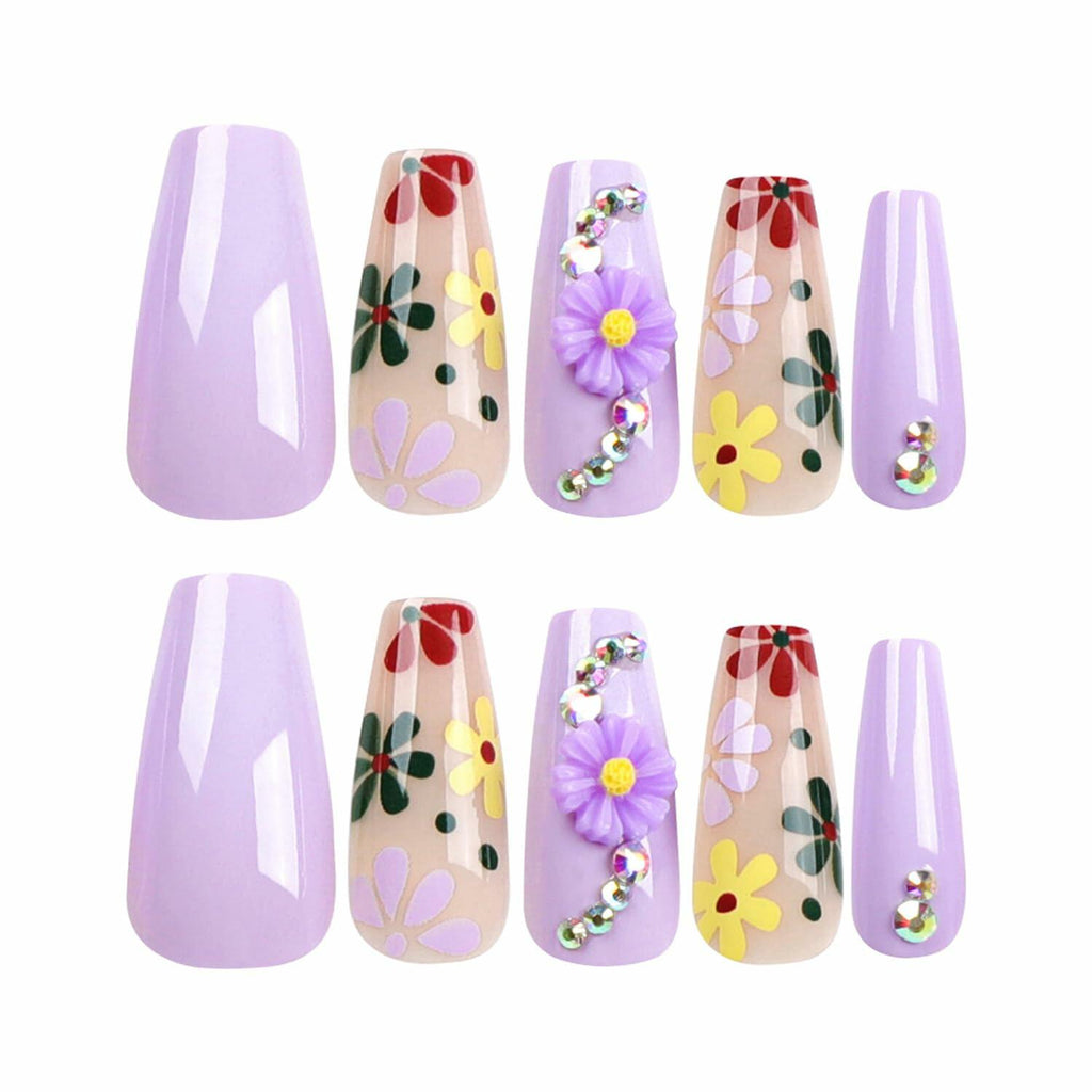 LPOODDNU Press On Nails Medium Coffin Glossy Purple 24Pcs Spring Daisy