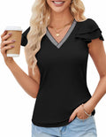 Womens Ruffle Sleeve V Neck Fitted Blouse Top Black Size 2XL