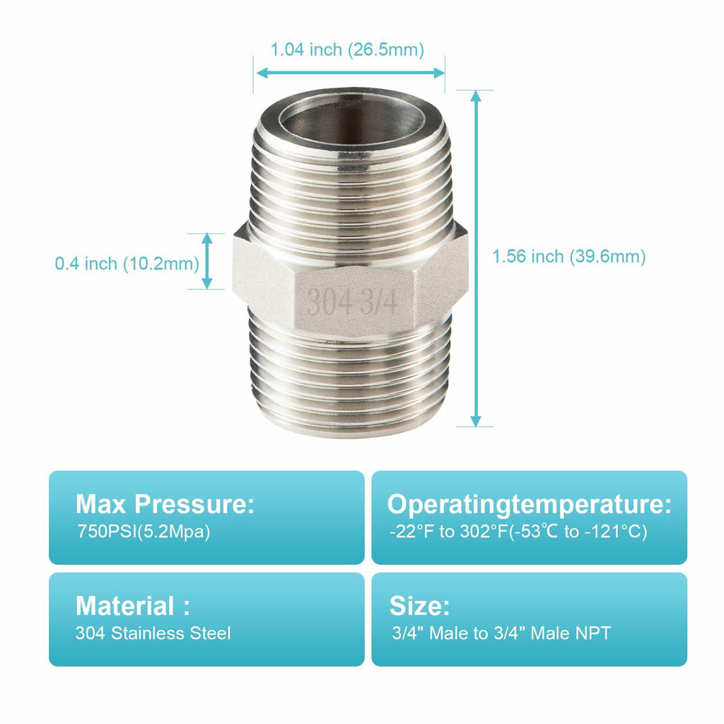 OFFO 3/4" Male NPT Threaded Nipple Adapter Stainless Steel 304 Pipe Fitting