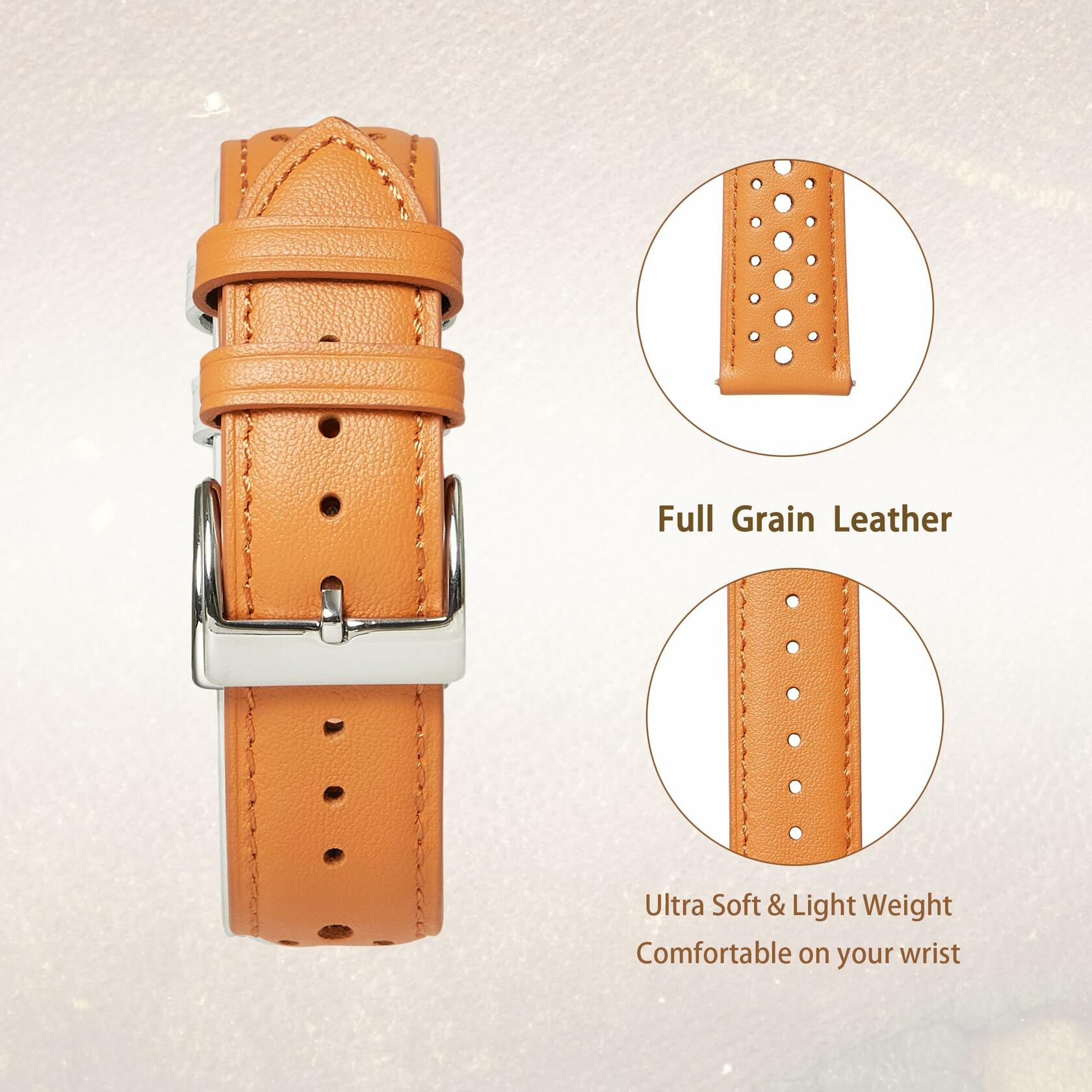 Jeereal Leather Watch Band Strap 22mm Tan Genuine Leather