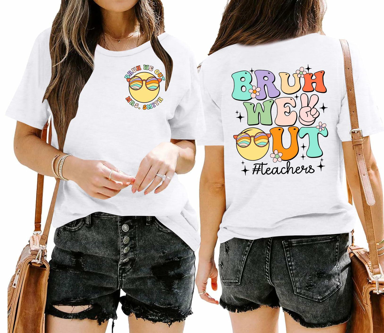 Teacher Shirts Women Last Day of School Bruh Letter Print White Size S