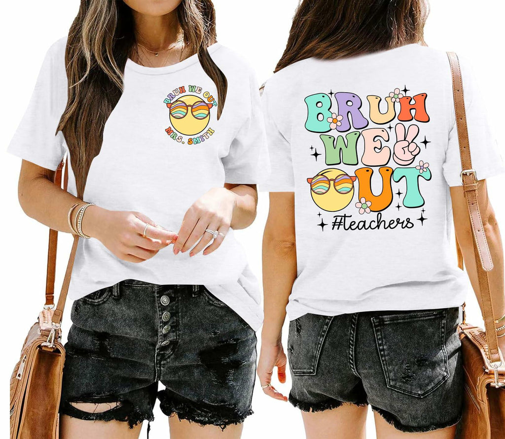 Teacher Shirts Women Last Day of School Bruh Letter Print Casual White Size L