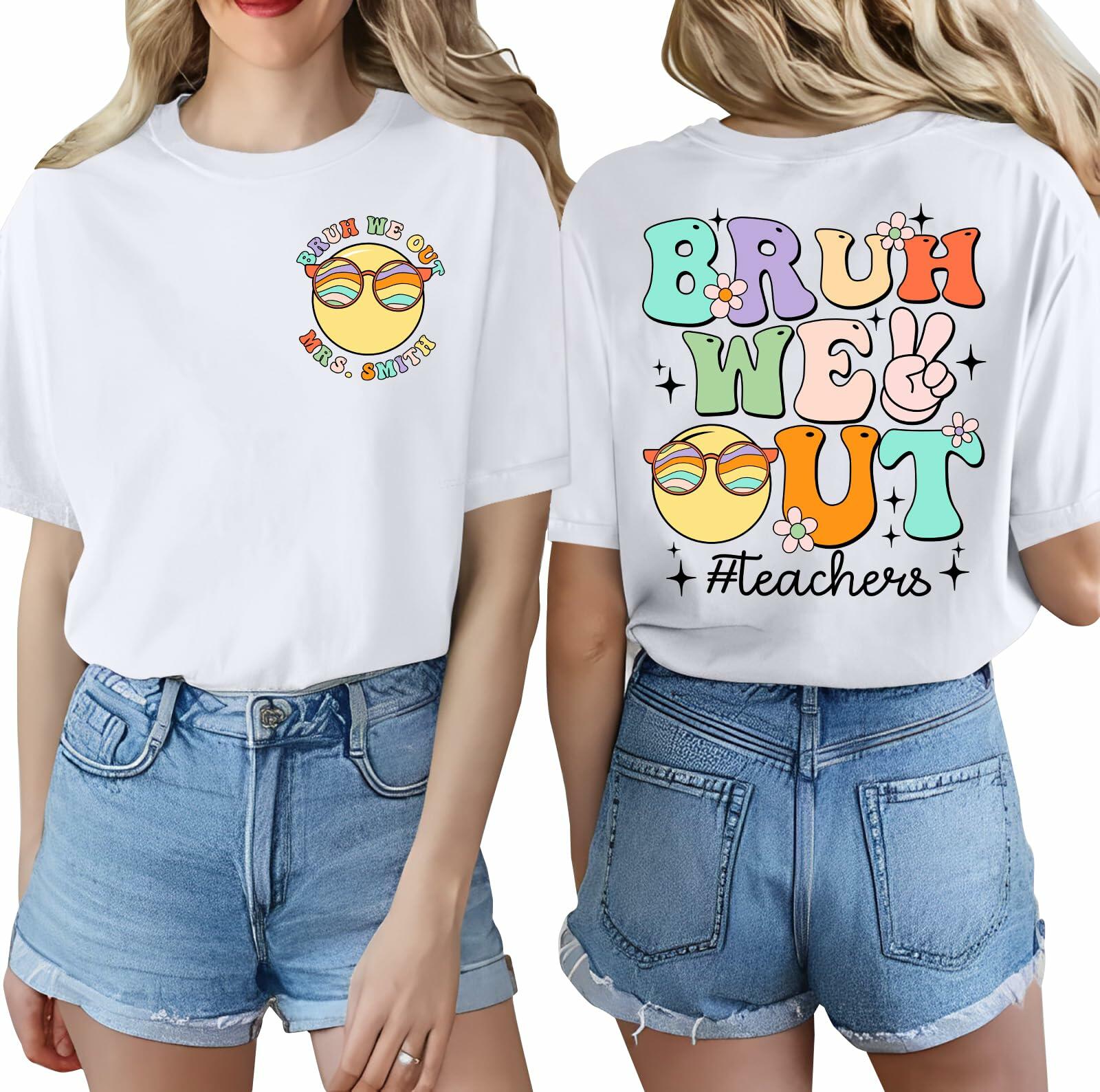 Teacher Shirts Women Last Day of School Bruh Letter Print White Size S