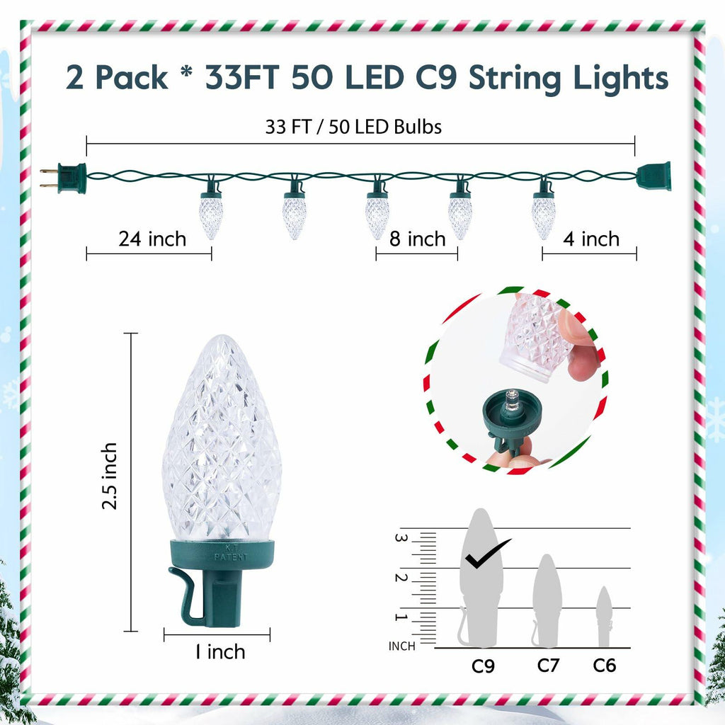 Brightown C9 LED Christmas String Lights 33ft 50 LED Warm White 2 Pack