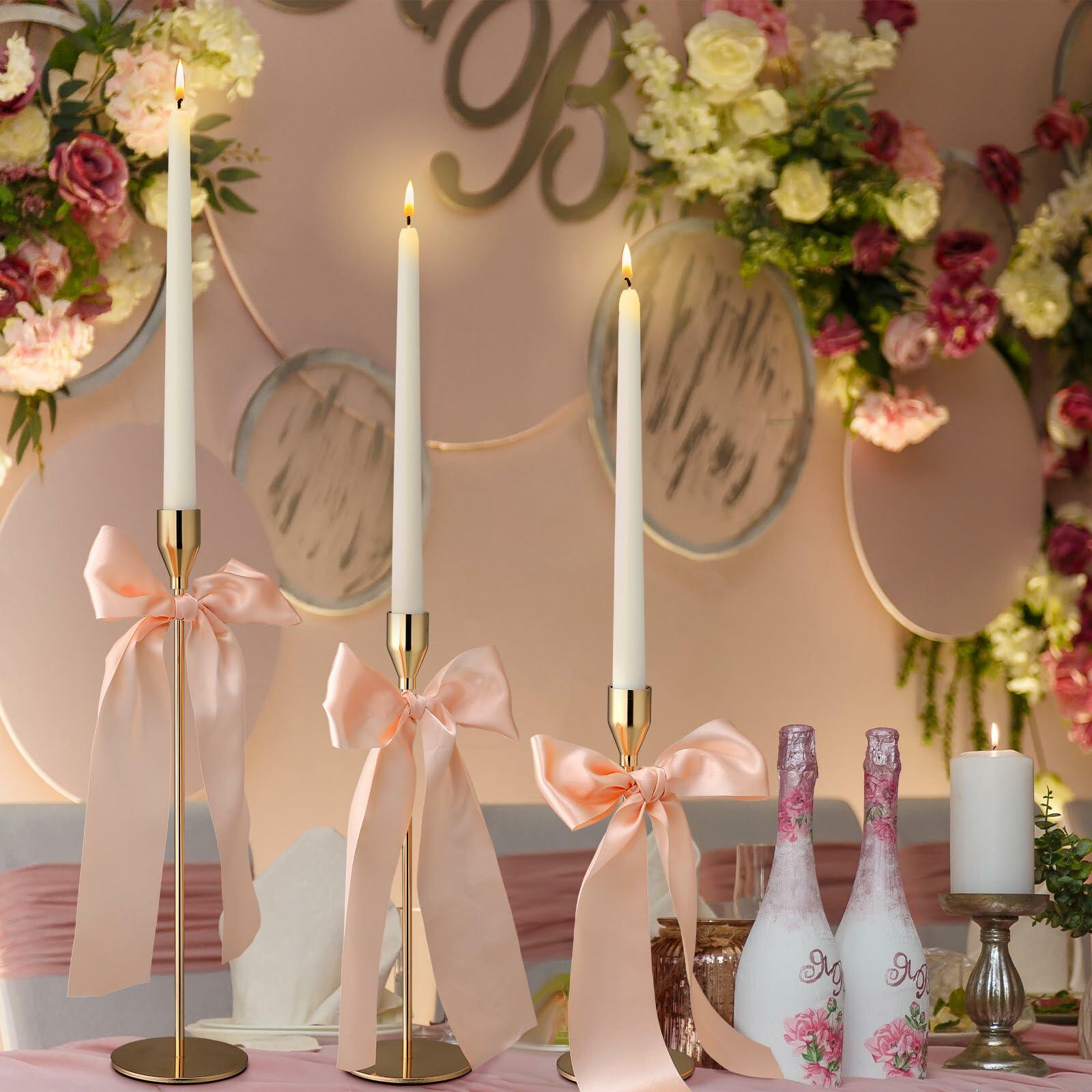 Mumufy 6 Set Gold Metal Taper Candlestick Holders Pink Satin Bow