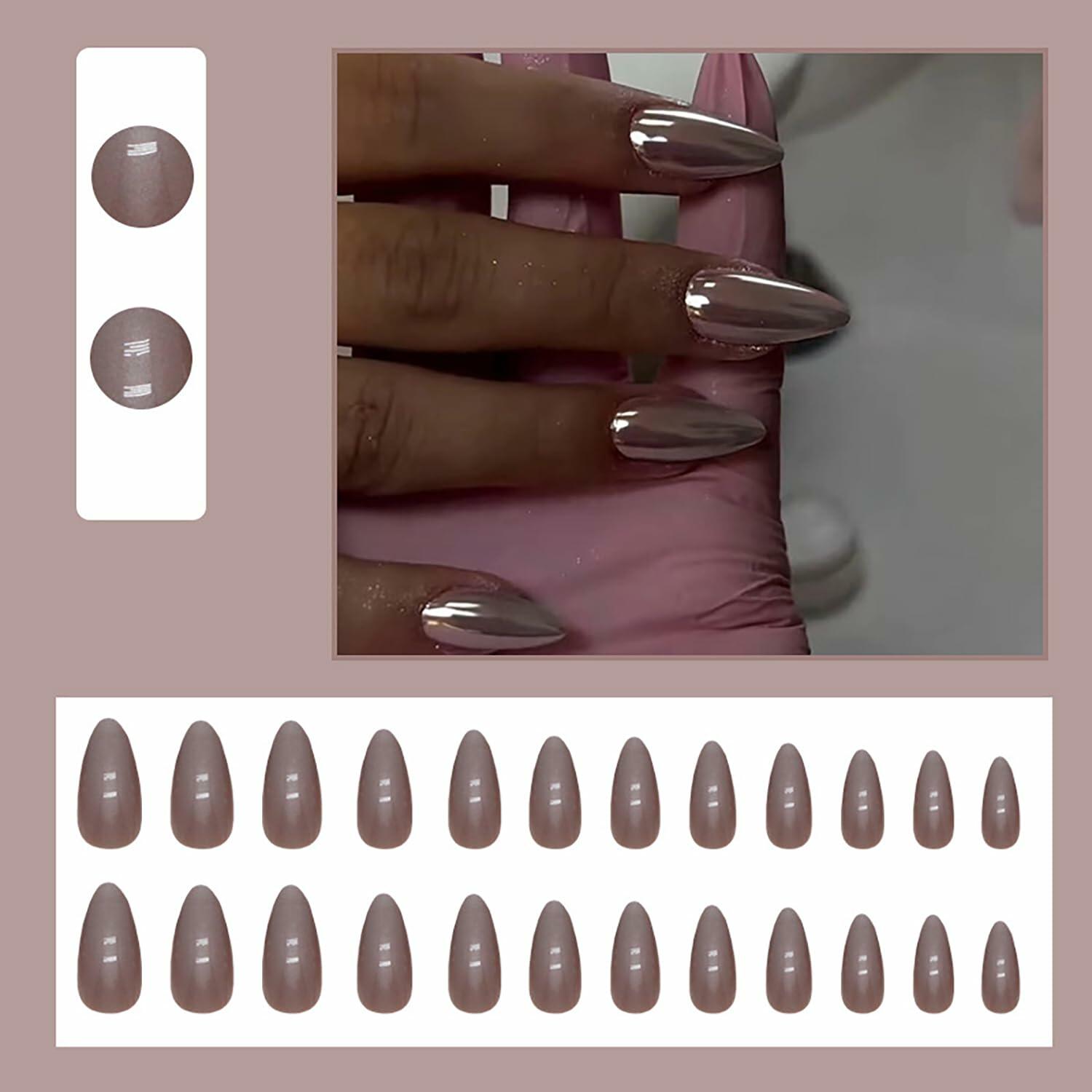24 Pcs Almond Medium White Acrylic Press On Nails Glitter Full Cover