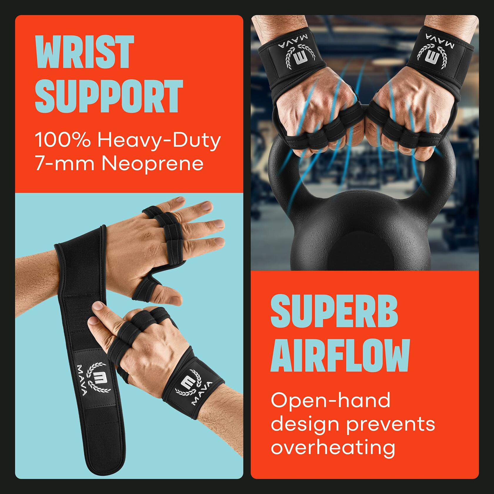 MAVA Padded Weight Lifting Gloves with Wrist Support Fingerless Black, Small