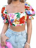 Women's Floral Square Neck Crop Blouse Puff Sleeve Tie Back Multicolor Size L