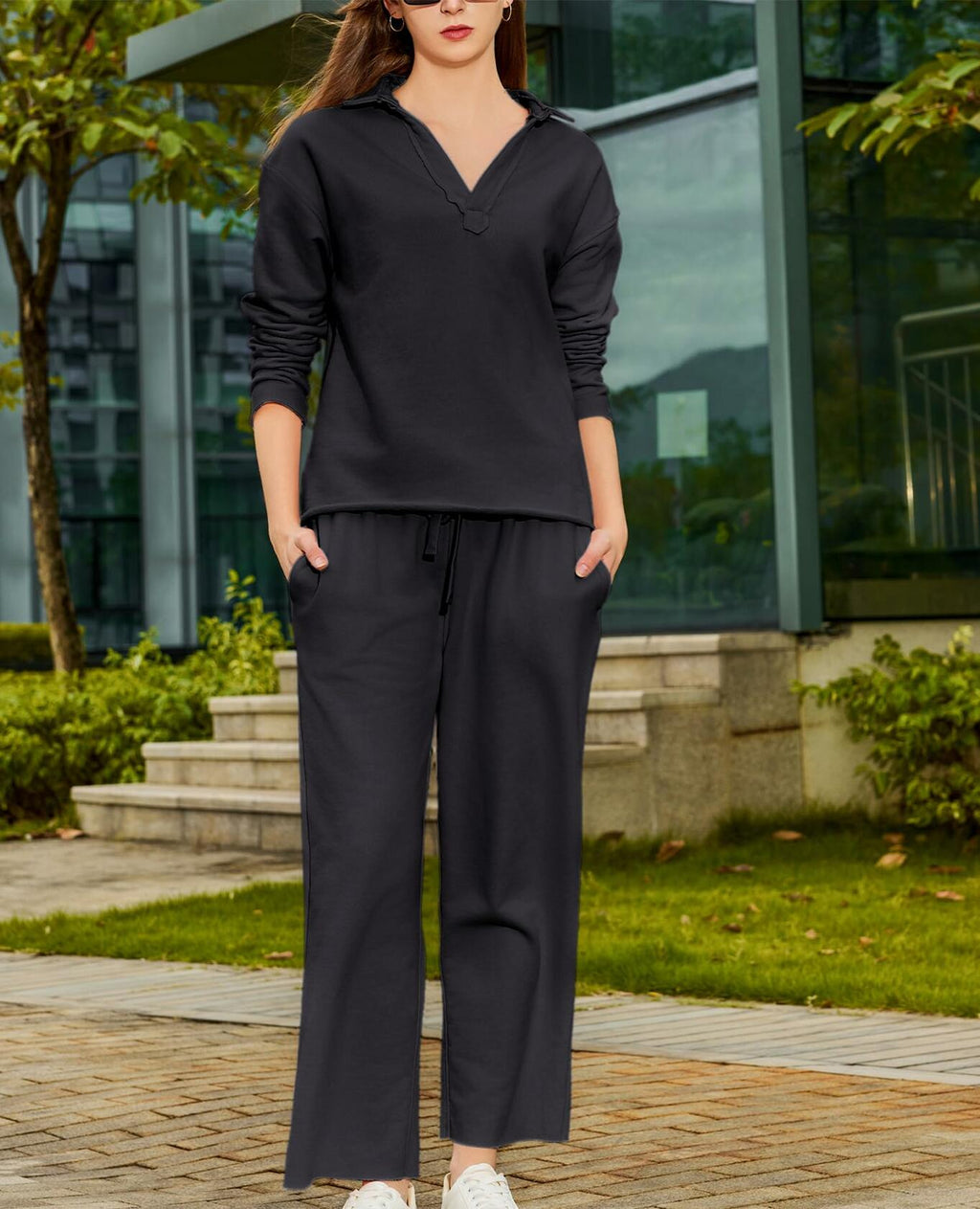 Yioaga Women Tracksuit 2 Piece Set Pullover Sweatshirt Sweatpants Black Size L