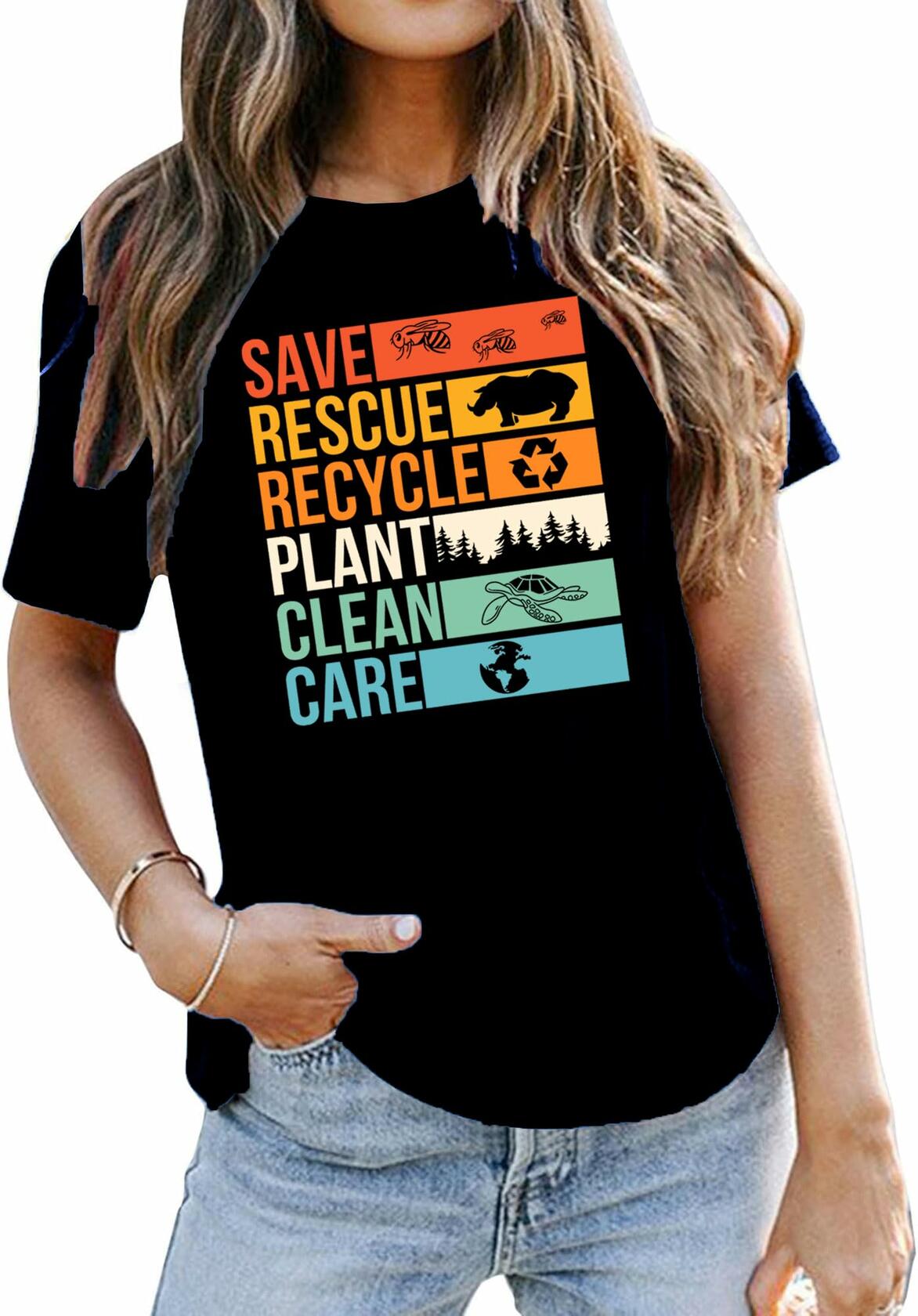 Earth Day Shirts Women Save Planet Bee Graphic Environmental Tee Black Size M