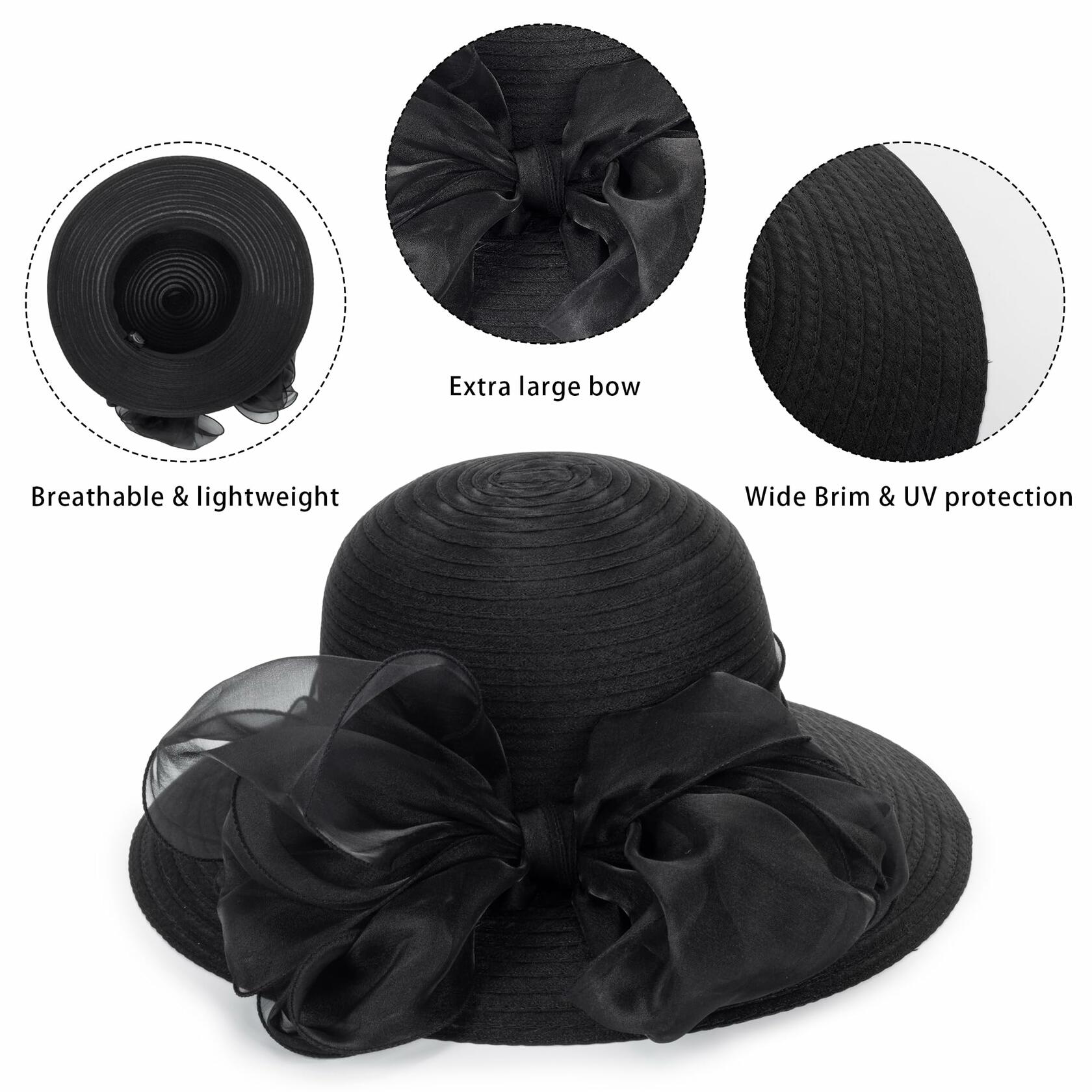 Kentucky Women Organza Sun Hat with Bow Black Wedding Tea Party Fascinator