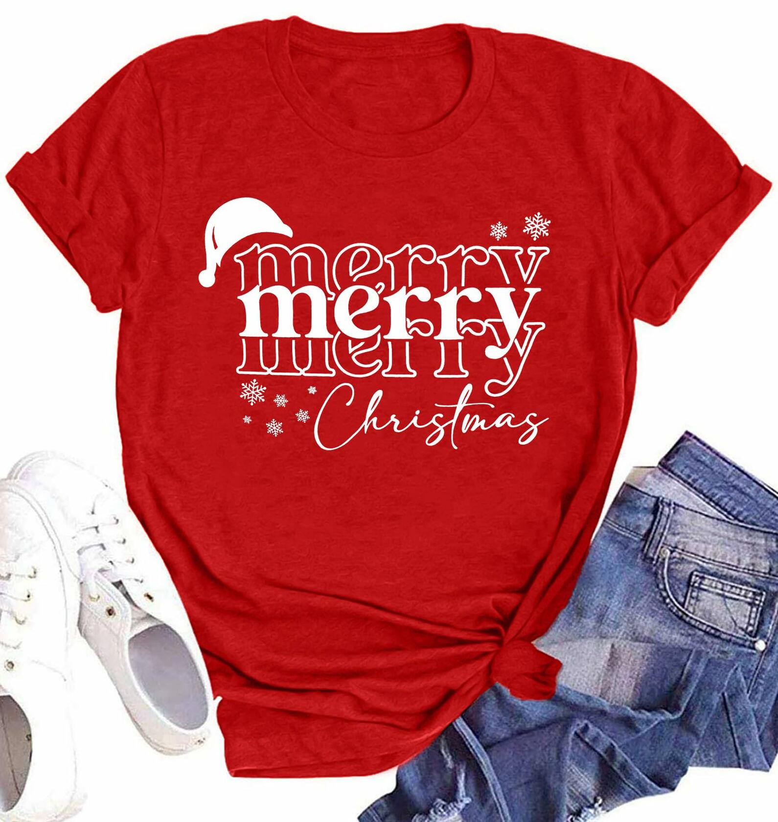 Merry Christmas Women's Graphic Short Sleeve Shirt Green Size XL