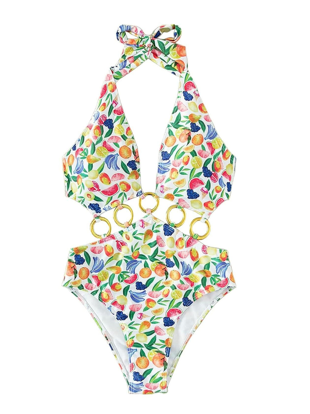 Fruit Print Ring Linked One Piece Swimsuit Cut Out Monokini Multicolor Size S