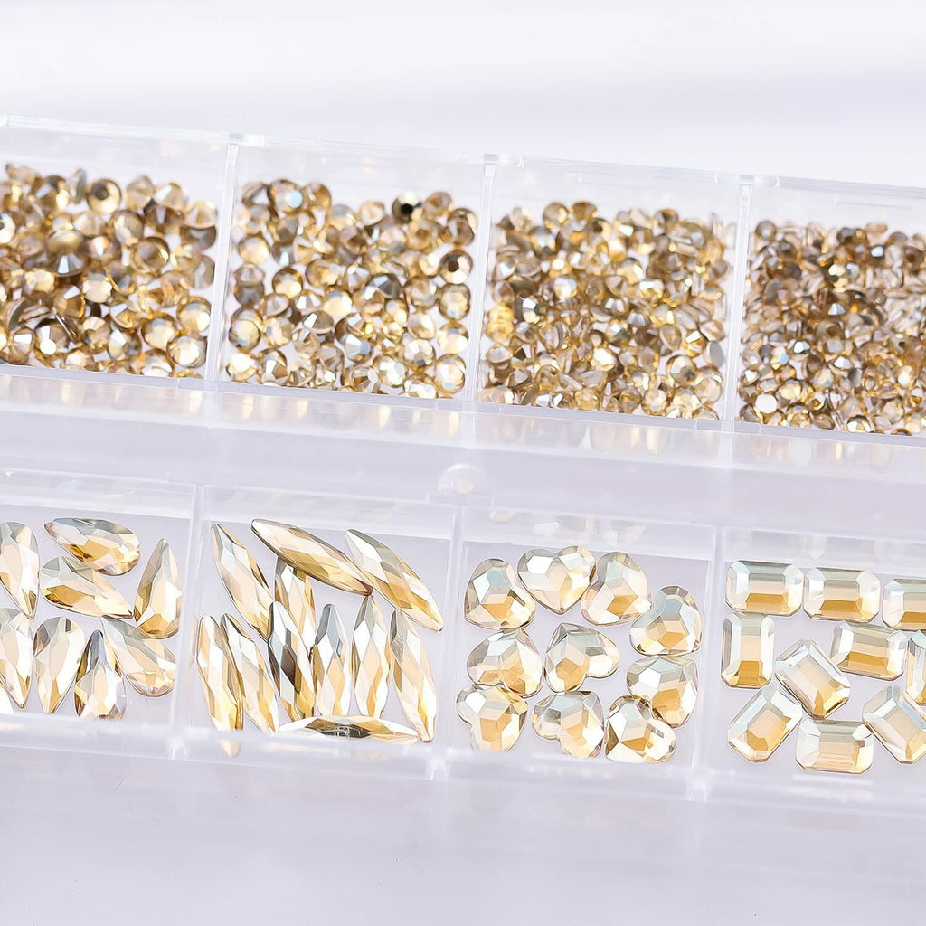 Champagne Gold Nail Art Rhinestones 1130Pcs Flat Bottom 12 Grids DIY Craft