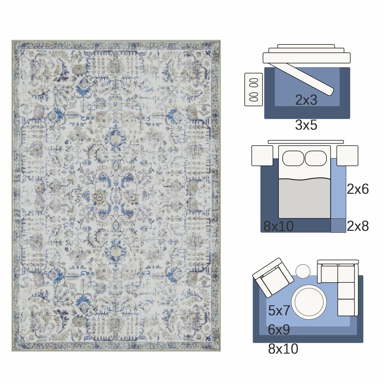 jinchan 5x7 Blue Washable Vintage Floral Area Rug Non-Slip Boho Carpet
