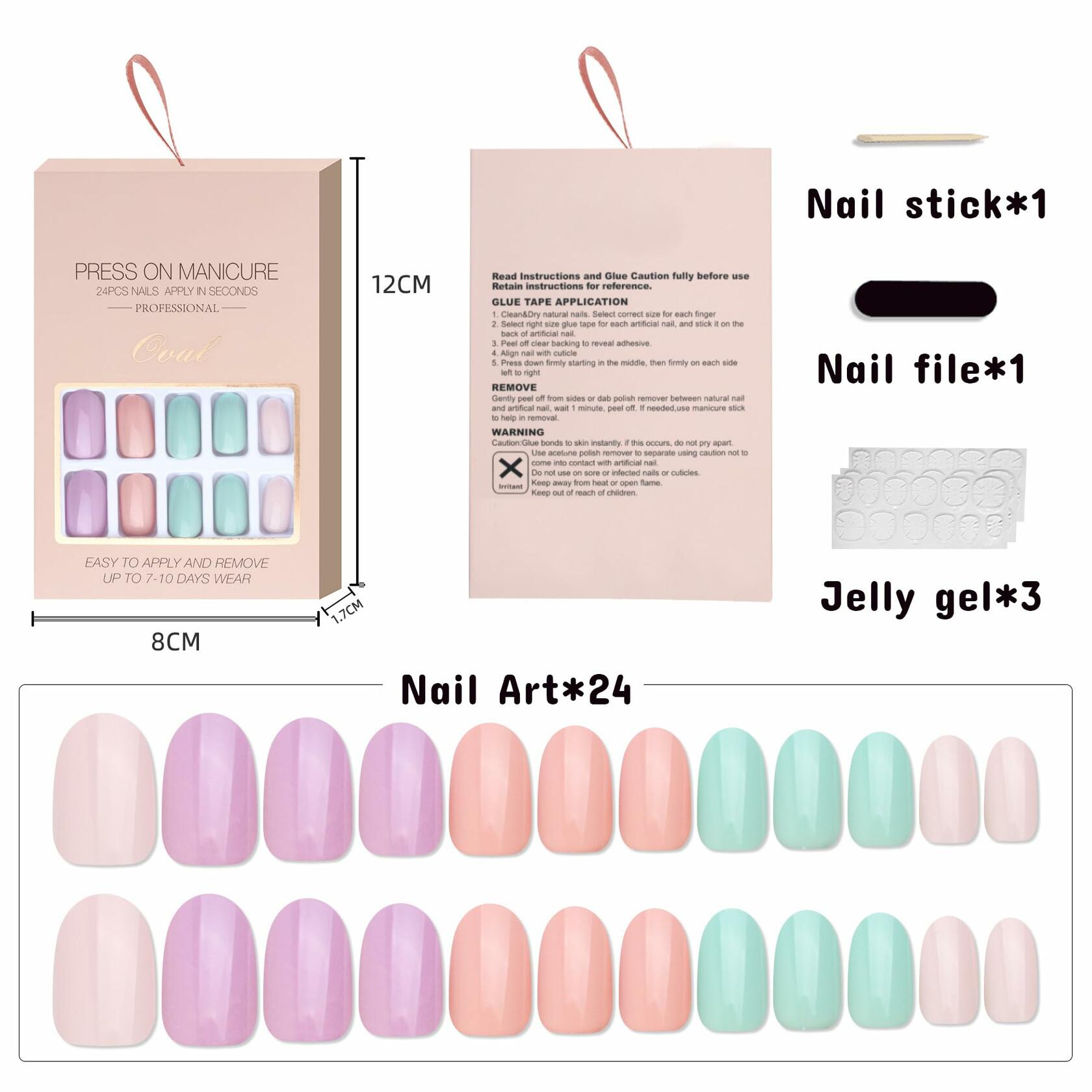 Press On Nails Short Square 24pcs Reusable Colorful Full Cover False Nails