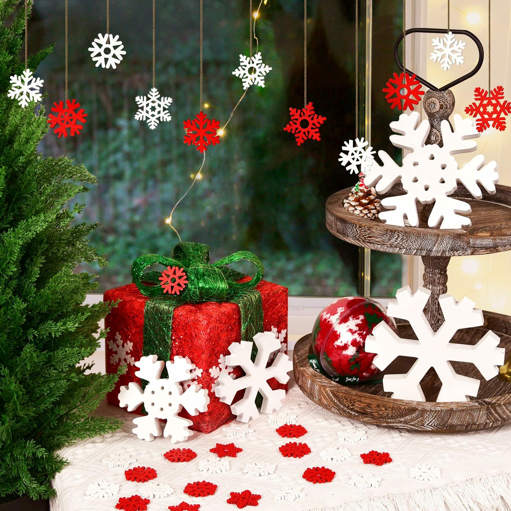 LadyRosian Wooden Snowflake Xmas Ornaments 4 Pack Standing & Hanging
