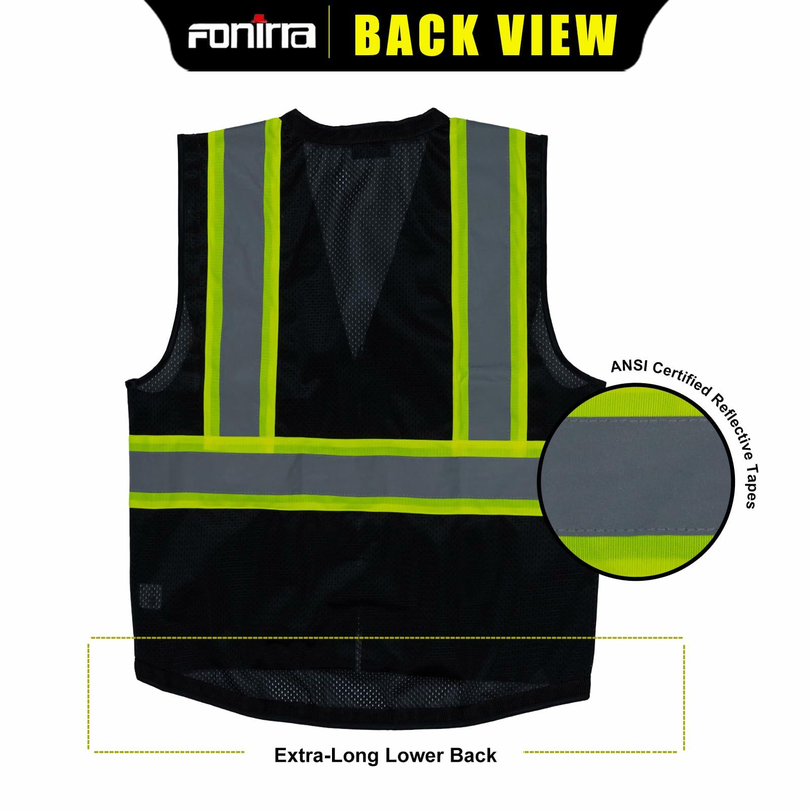 FONIRRA ANSI Class 2 Safety Vest Work Vest with Pockets Zipper Black Size 3XL