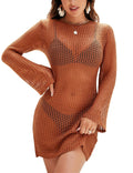 Blooming Jelly Crochet Bikini Coverup Hollow Out Net Long Sleeve Caramel Size S