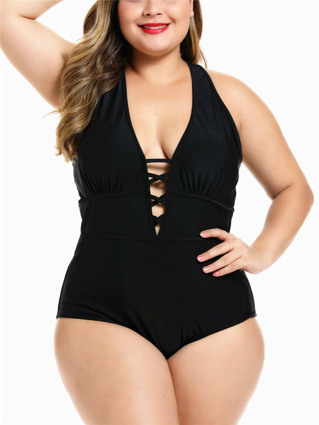 FlatterMe Women's Sexy Plus Size Black One Piece Swimsuit Lace Up Size 3XL