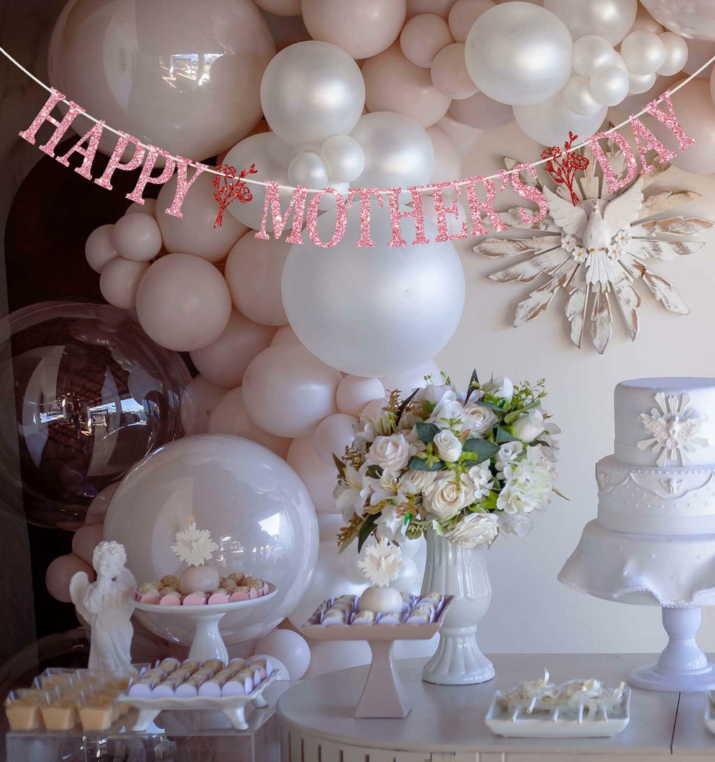 Happy Mother's Day Banner Best Mom Ever Flower Theme Pink & Red Glitter