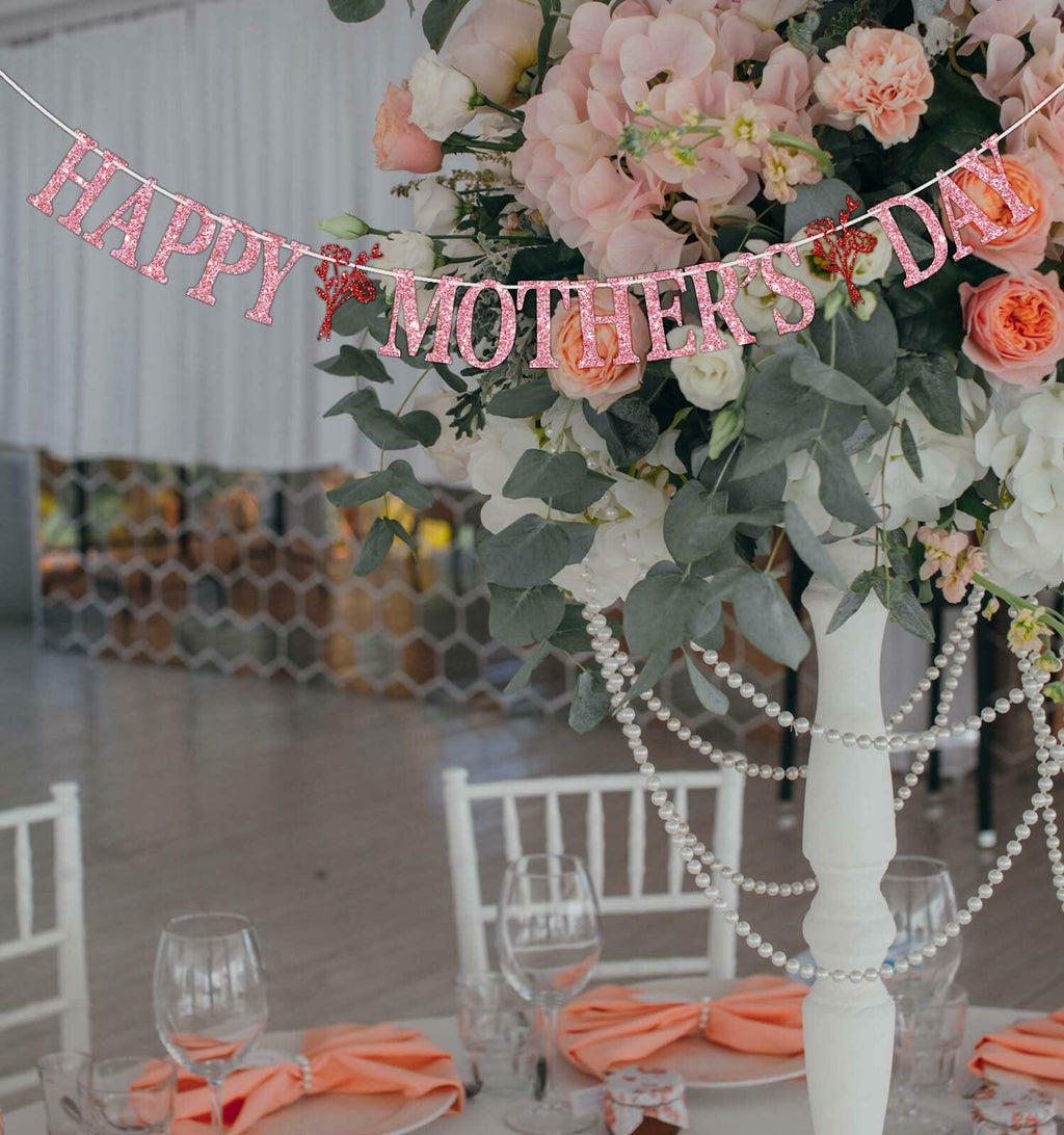 Happy Mother's Day Banner Best Mom Ever Flower Theme Pink & Red Glitter