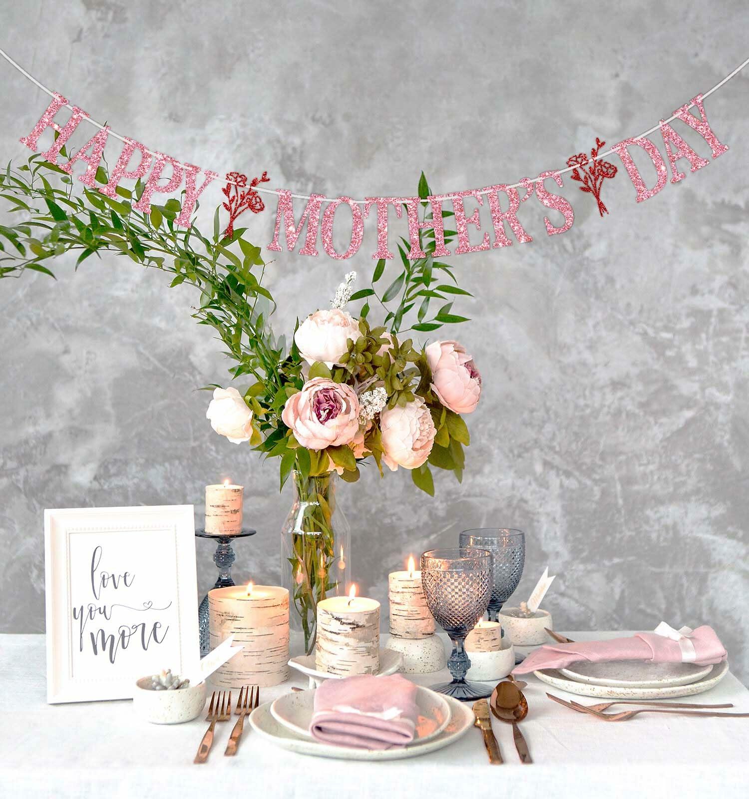 Happy Mother's Day Banner Best Mom Ever Flower Theme Pink & Red Glitter