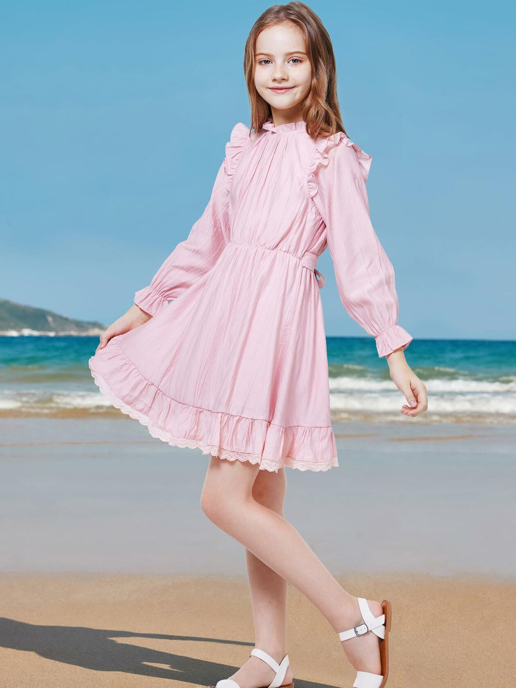 WULFUL Girls Long Sleeve Flared Belted A-line Dress Pink Size 9-10