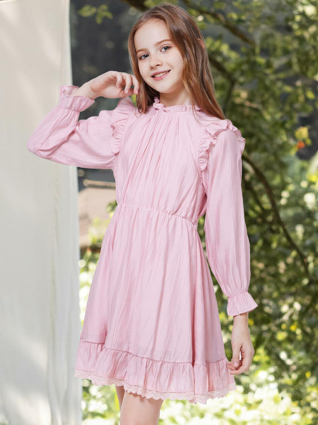 WULFUL Girls Long Sleeve Flared Belted A-line Dress Pink Size 9-10